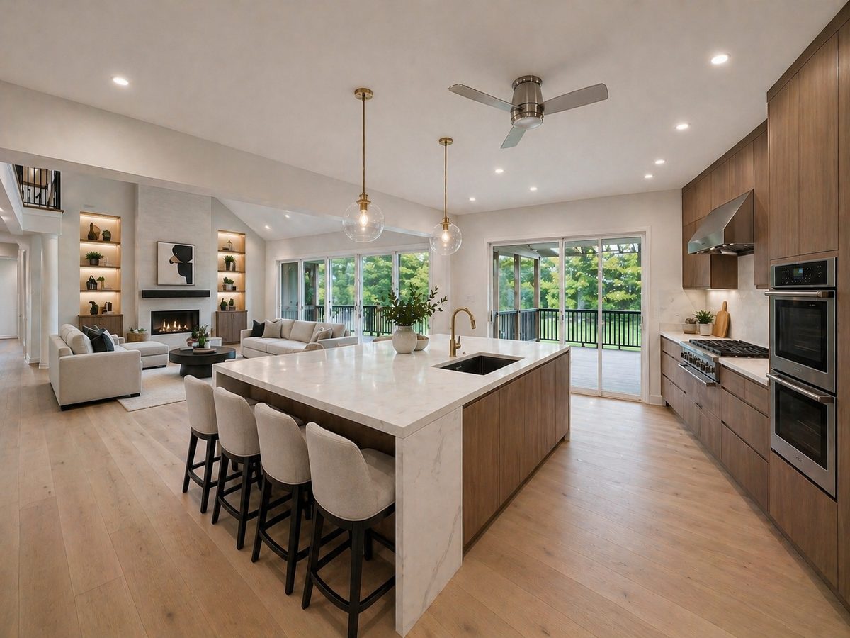 Concept image with open plan, island, and access to deck