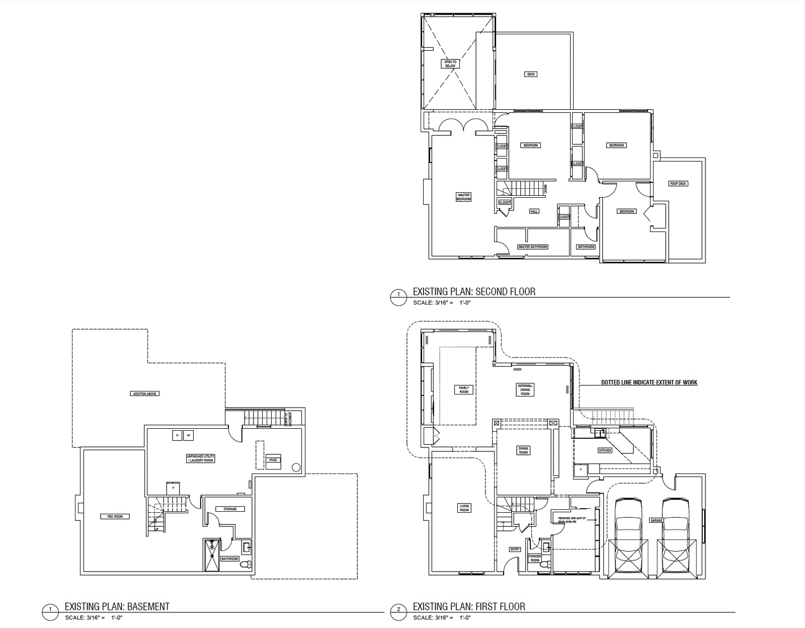 Existing conditions floor plans for basement, first and second floors
