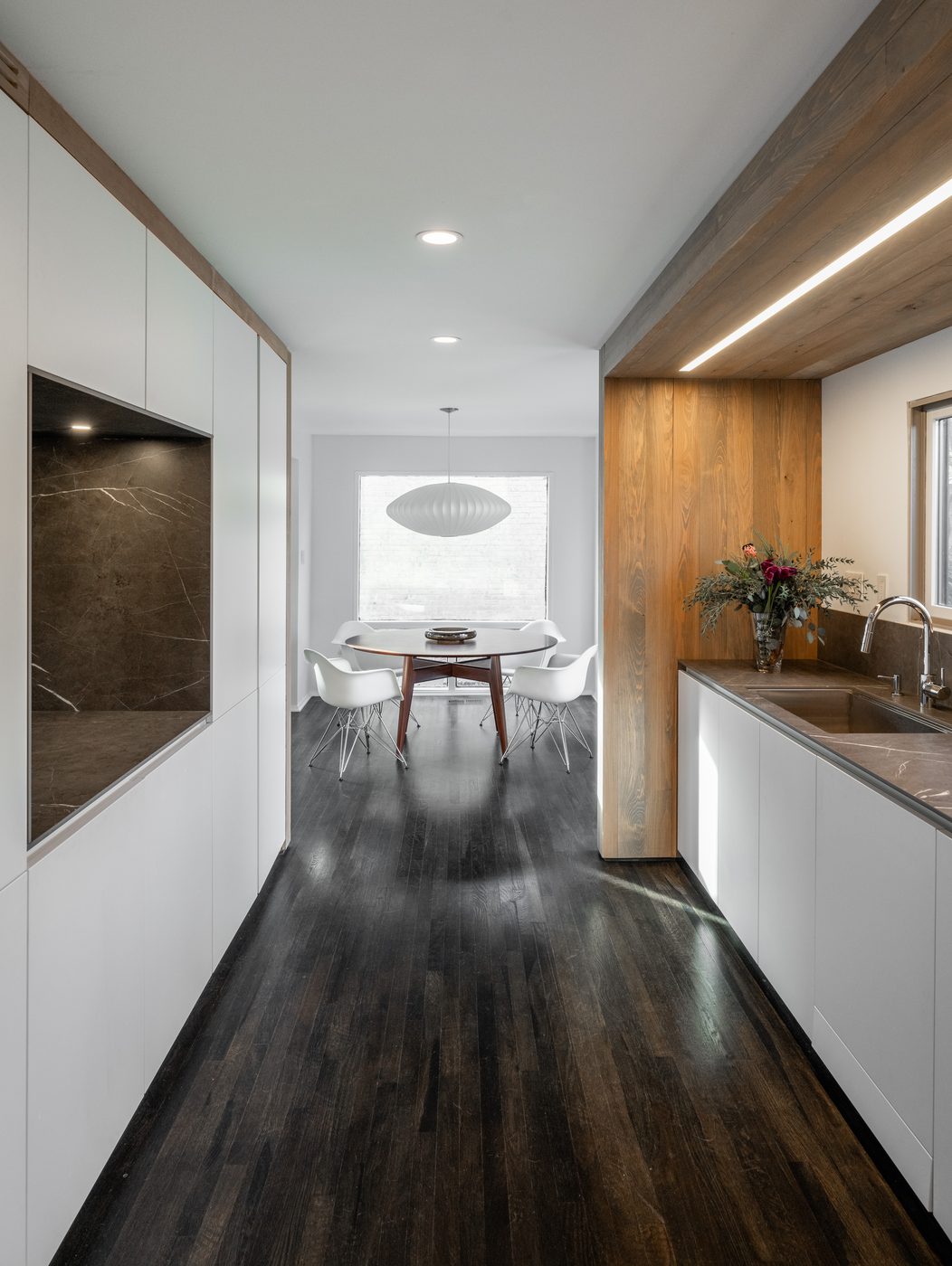 Modern renovated kitchen with wood and stone